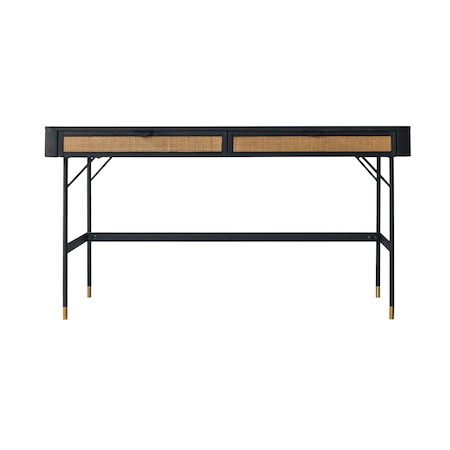 Armen Living Saratoga 2 Drawer Desk in Black Acacia with Rattan LCSRDEBL